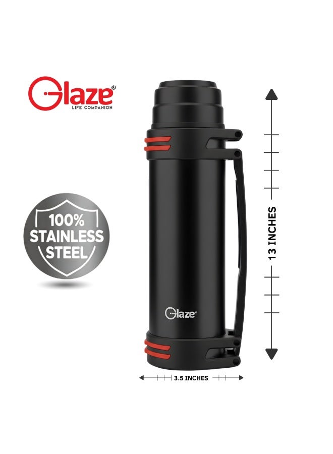 جليز قارورة ماء من الستانلس ستيل بسعة 1.2 لتر، ترمس حراري بعزل فراغي مع مقبض، مانع للتسرب، يحافظ على المشروبات ساخنة وباردة حتى 24 ساعة، خالية من مادة BPA، مناسبة للسفر والرياضة والنشاطات الخارجية – أسود - Image 3